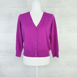 Milly Merino Wool Cardigan Sweater Women Medium‎ Bright Pink Preppy V Neck Studs